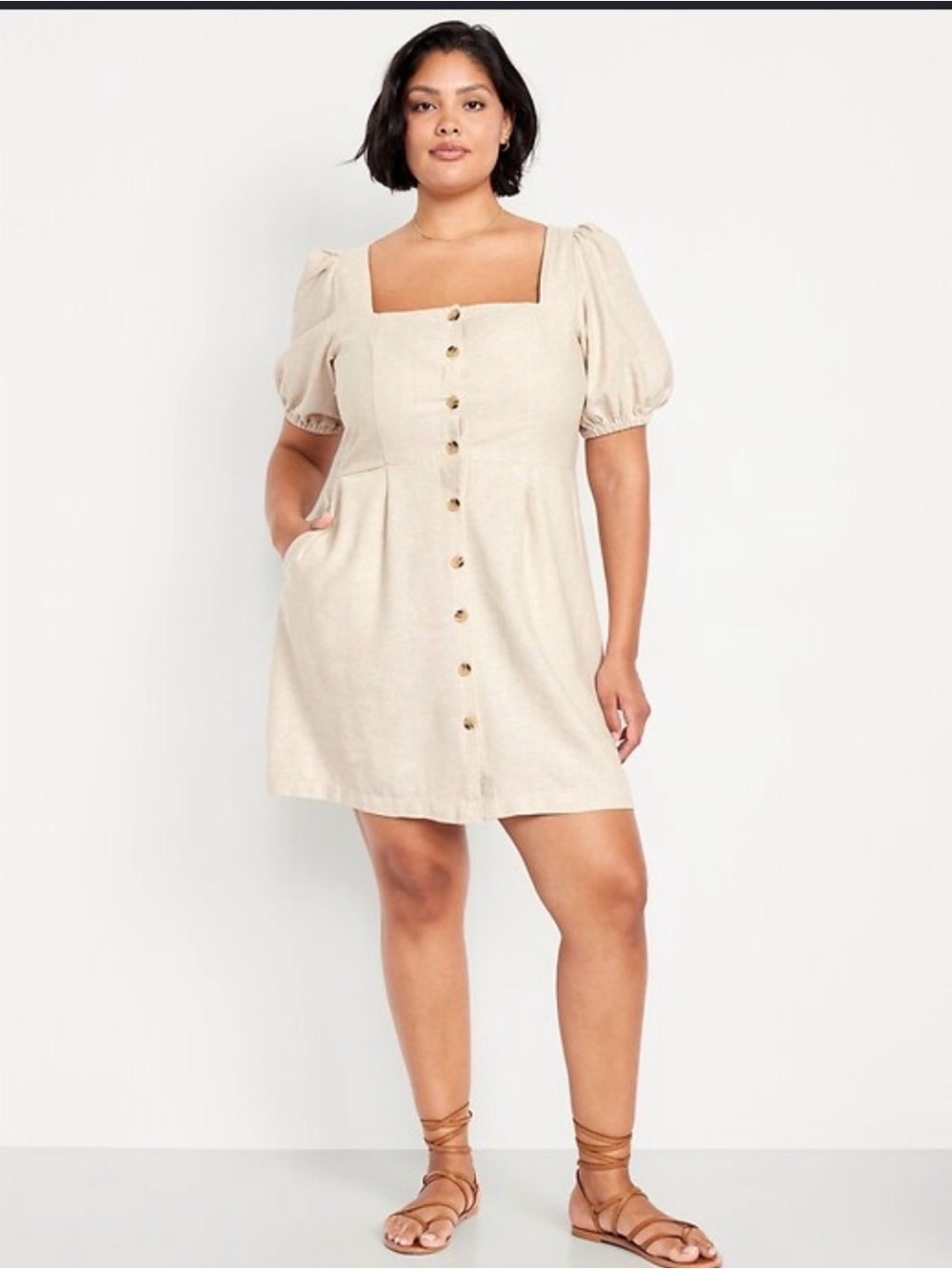 Old Navy Beige Button-Front Puff Sleeve Mini Dress